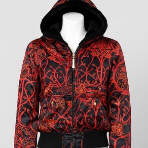 Apple Bottoms Bomber Jacket Womens Large Y2K Red Black Baroque Satin Hood Fur